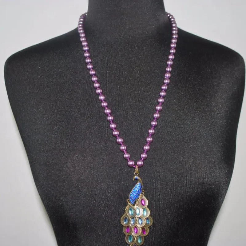 Purple Peacock Pendant Glass Pearls Necklace