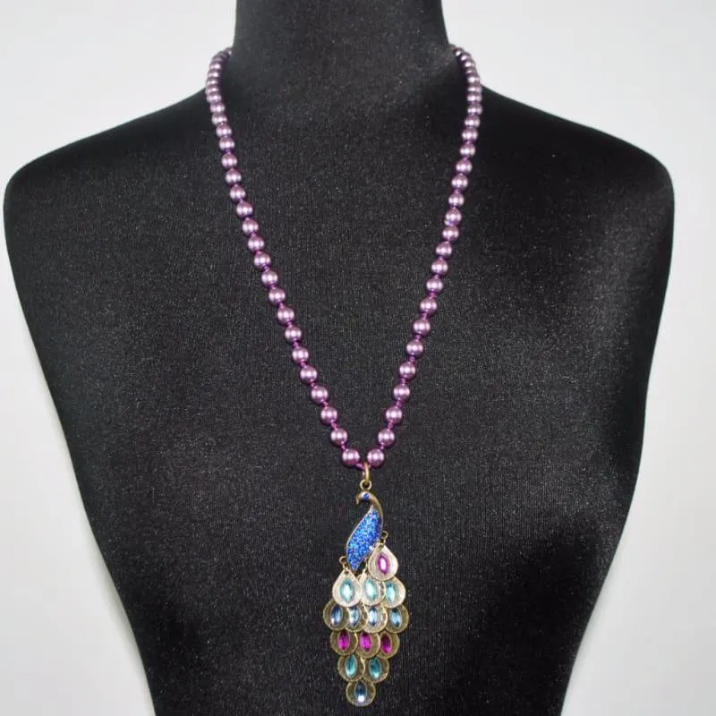 Purple Peacock Pendant Glass Pearls Necklace