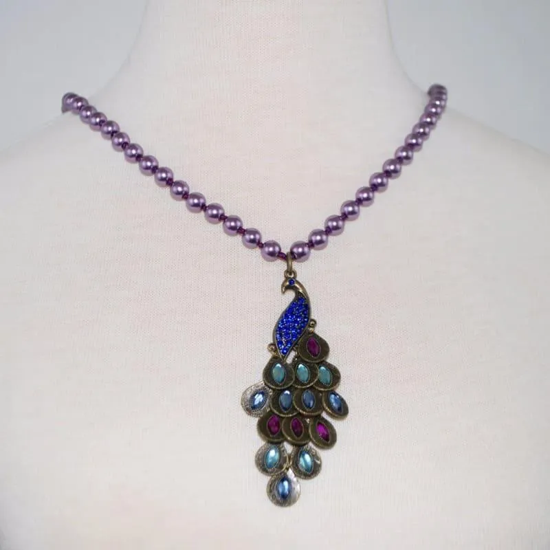 Purple Peacock Pendant Glass Pearls Necklace