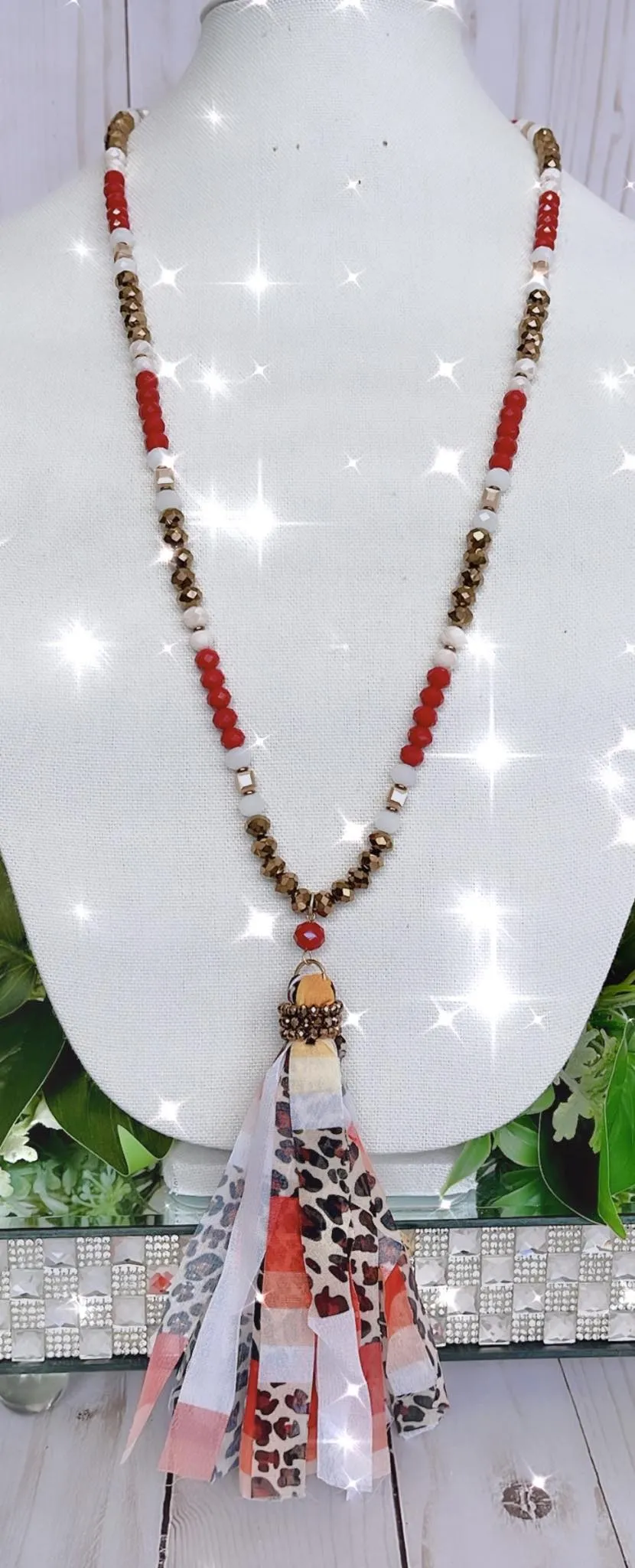 Red, White, & Copper Crystal Necklace with Leopard striped Tassel