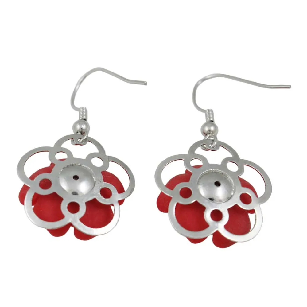 Red with Silver Flower Dangling Pierced Earring - FE602RD