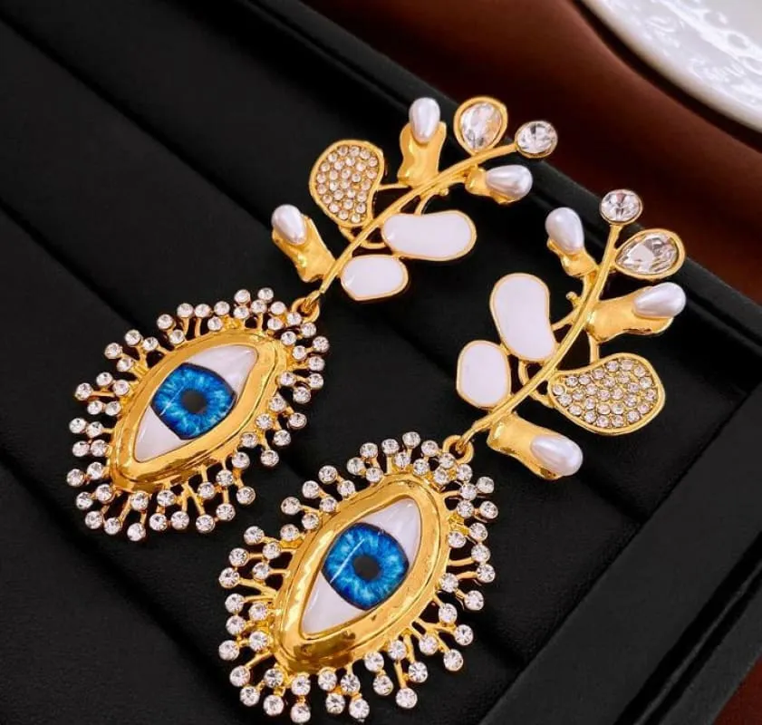 Retro High-end Diamante Evil Eye Earrings with Blue Centerpieces