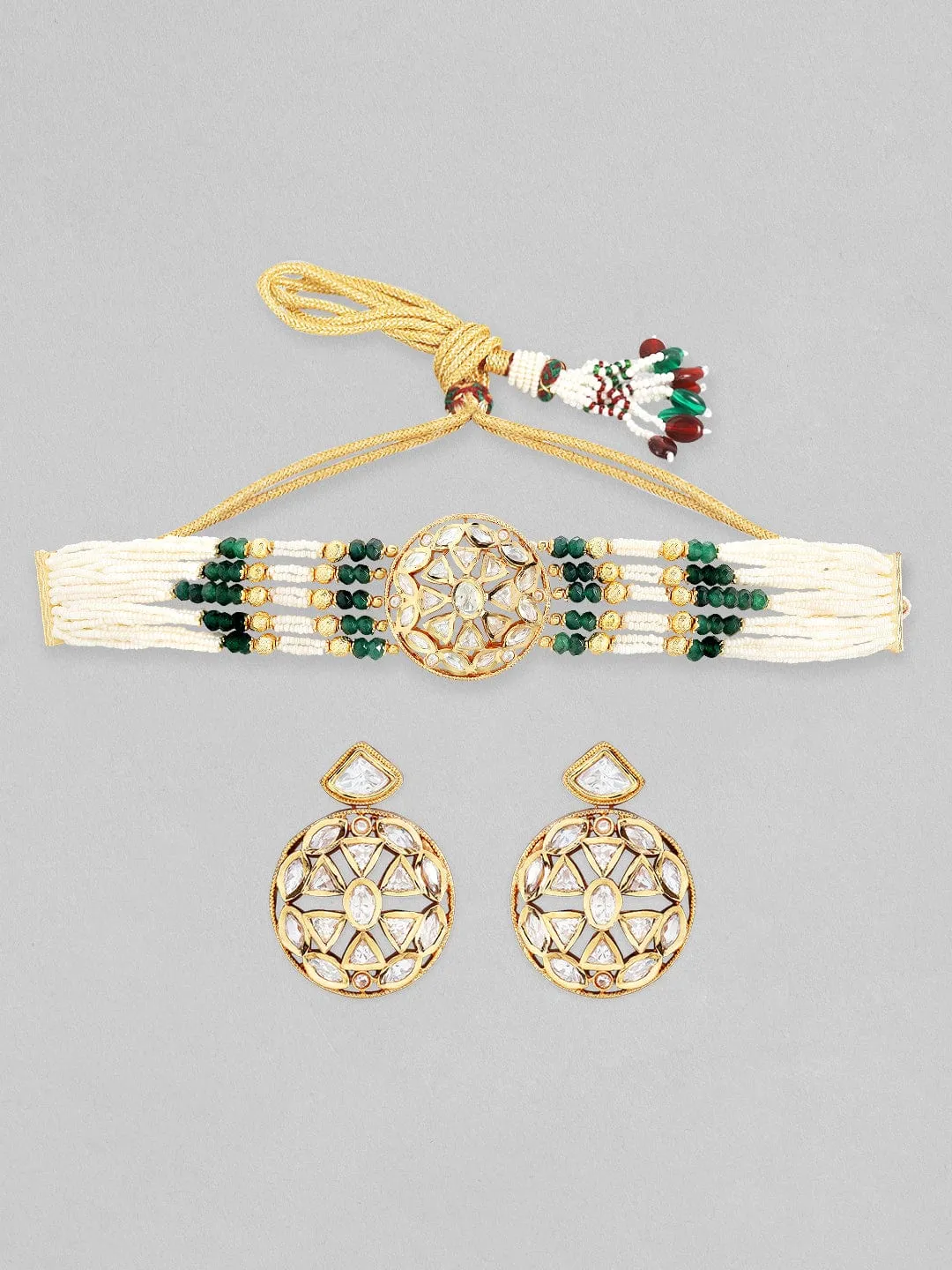 Rubans 22K Gold Plated Kundan Choker Set With Green And White Beads