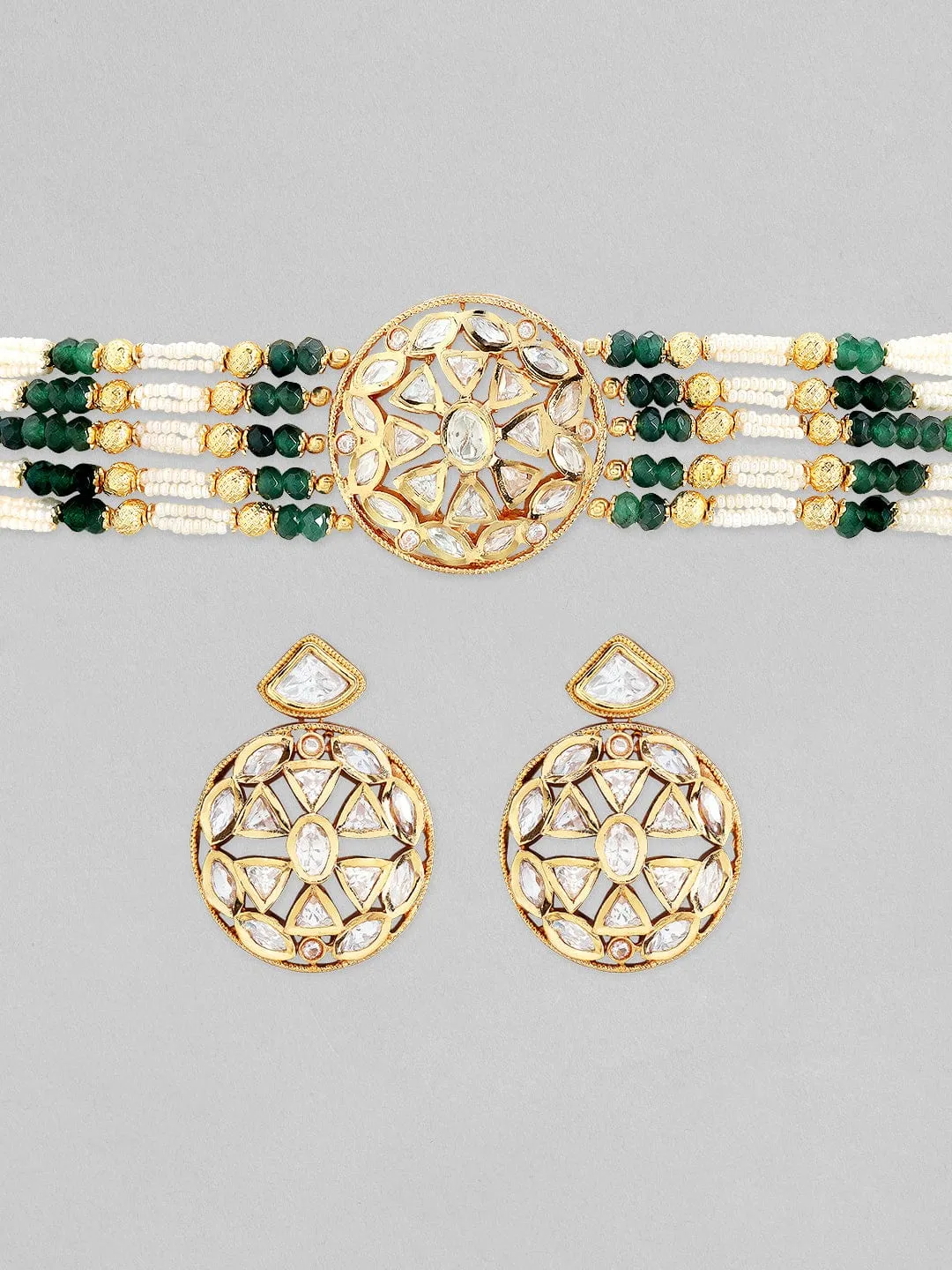 Rubans 22K Gold Plated Kundan Choker Set With Green And White Beads