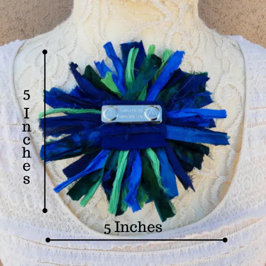 Sari Silk Ribbon Flower Brooch in Blue & Green - Large Star Burst Fabric Pin - Fiber Art Corsage