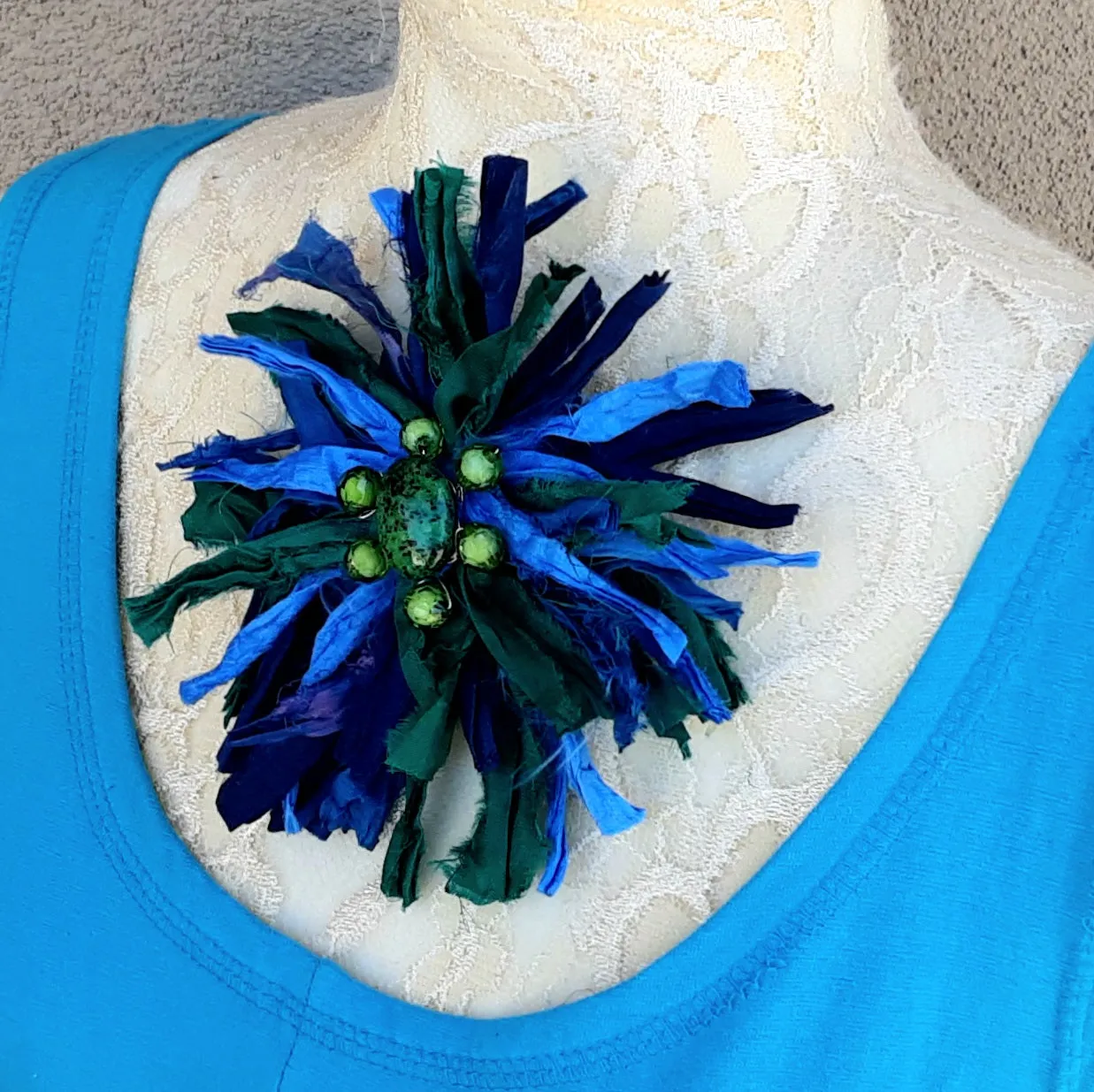 Sari Silk Ribbon Flower Brooch in Blue & Green - Large Star Burst Fabric Pin - Fiber Art Corsage