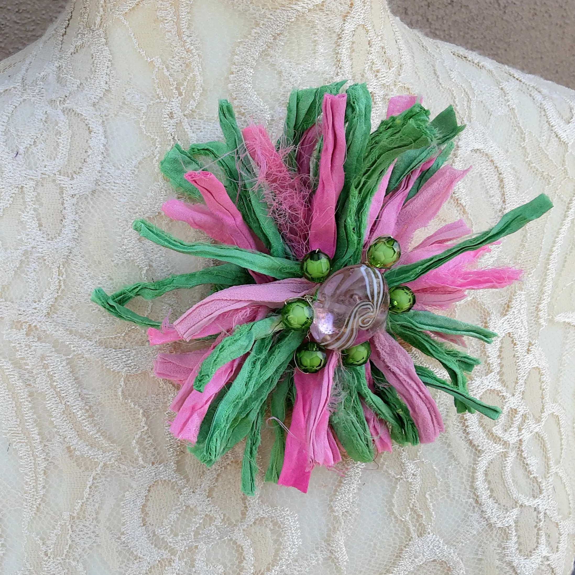 Sari Silk Ribbon Flower Brooch in Pink & Green - Large Star Burst Fabric Pin - Fiber Art Corsage