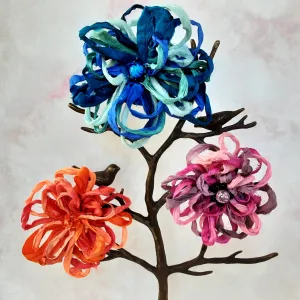 Sari Silk Ribbon Flower Brooch Pin & Earring Set  - Large Fabric Floral Hair Clip - 3 Colors Fiber Art Corsage and Dangle Earrings