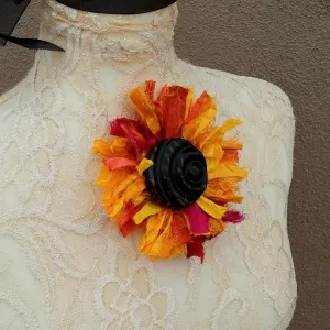 Silk Flower Brooch with Vintage Button - Large Sunflower Fabric Pin - Fiber Art Corsage