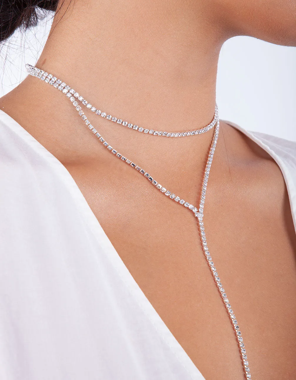 Silver Cup Chain Diamante Layered Choker