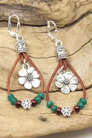 Silvery Western Leather Beaded Floral Dangle Earrings