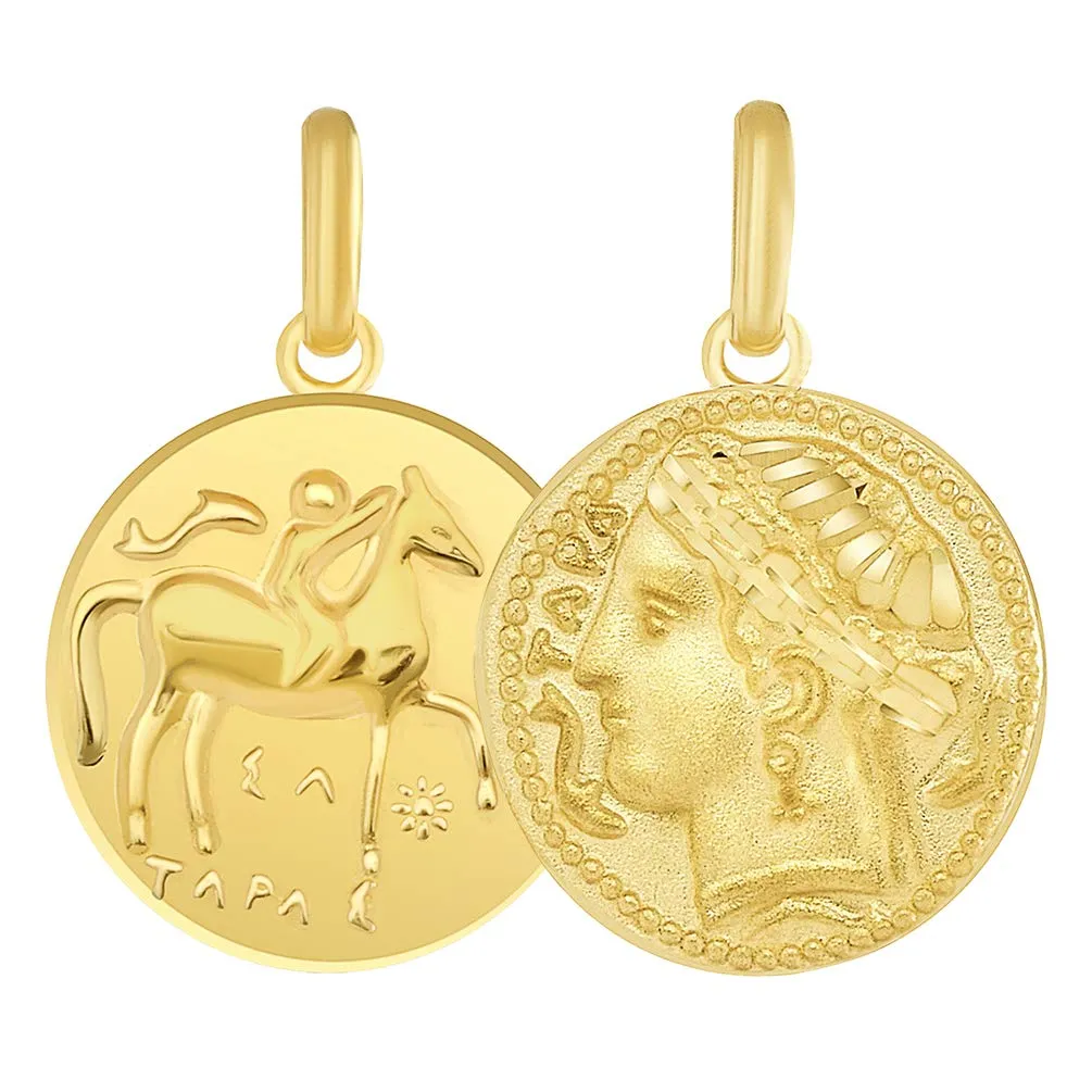 Solid 14 karat Yellow Gold Greek Arethusa Charm Calabria Taranto Pendant Necklace