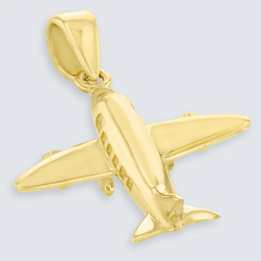 Solid 14K Yellow Gold 3D Airplane Charm Jet Aircraft Pendant