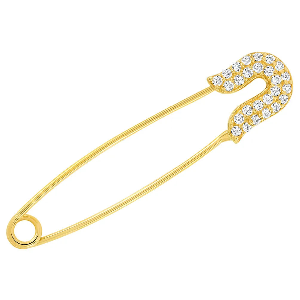 Solid 14k Yellow Gold Cubic Zirconia Elegant Classic Plain Safety Pin Brooch (1.20 inch)