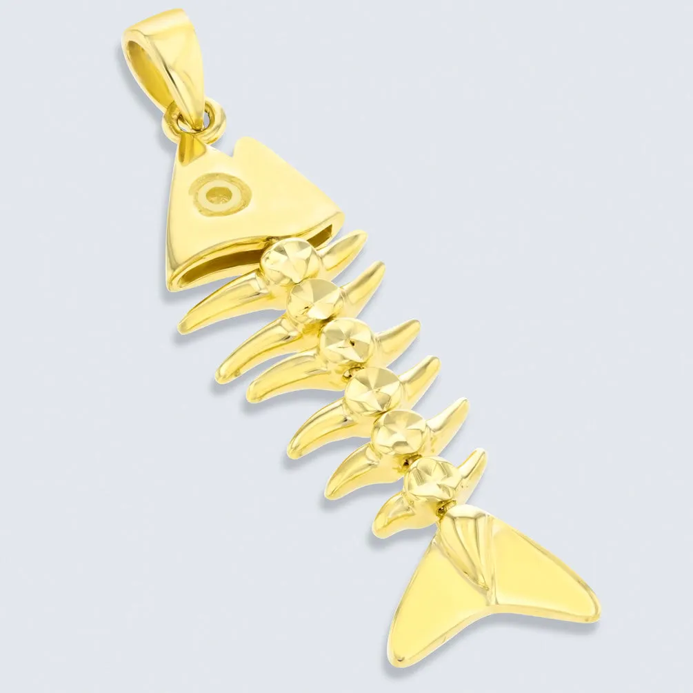 Solid 14K Yellow Gold Dangling Fishbones Pendant