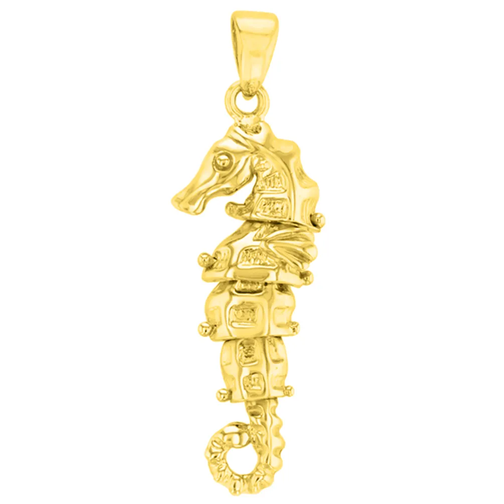 Solid 14K Yellow Gold Dangling Seahorse Pendant with Figaro Chain Necklace