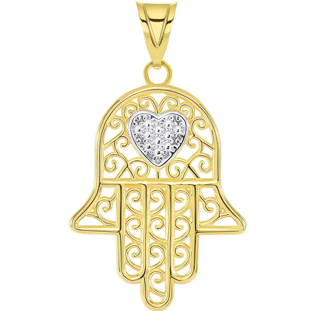 Solid 14k Yellow Gold Filigree-Style Hamsa Hand with Heart Pendant Figaro Chain Necklace