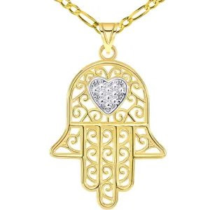 Solid 14k Yellow Gold Filigree-Style Hamsa Hand with Heart Pendant Figaro Chain Necklace
