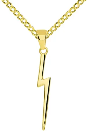 Solid 14k Yellow Gold Lightning Bolt Pendant with Cuban Chain Necklace