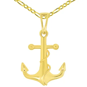 Solid 14k Yellow Gold Maritime Anchor with Rope Pendant Necklace Available with Figaro Chain Necklaces