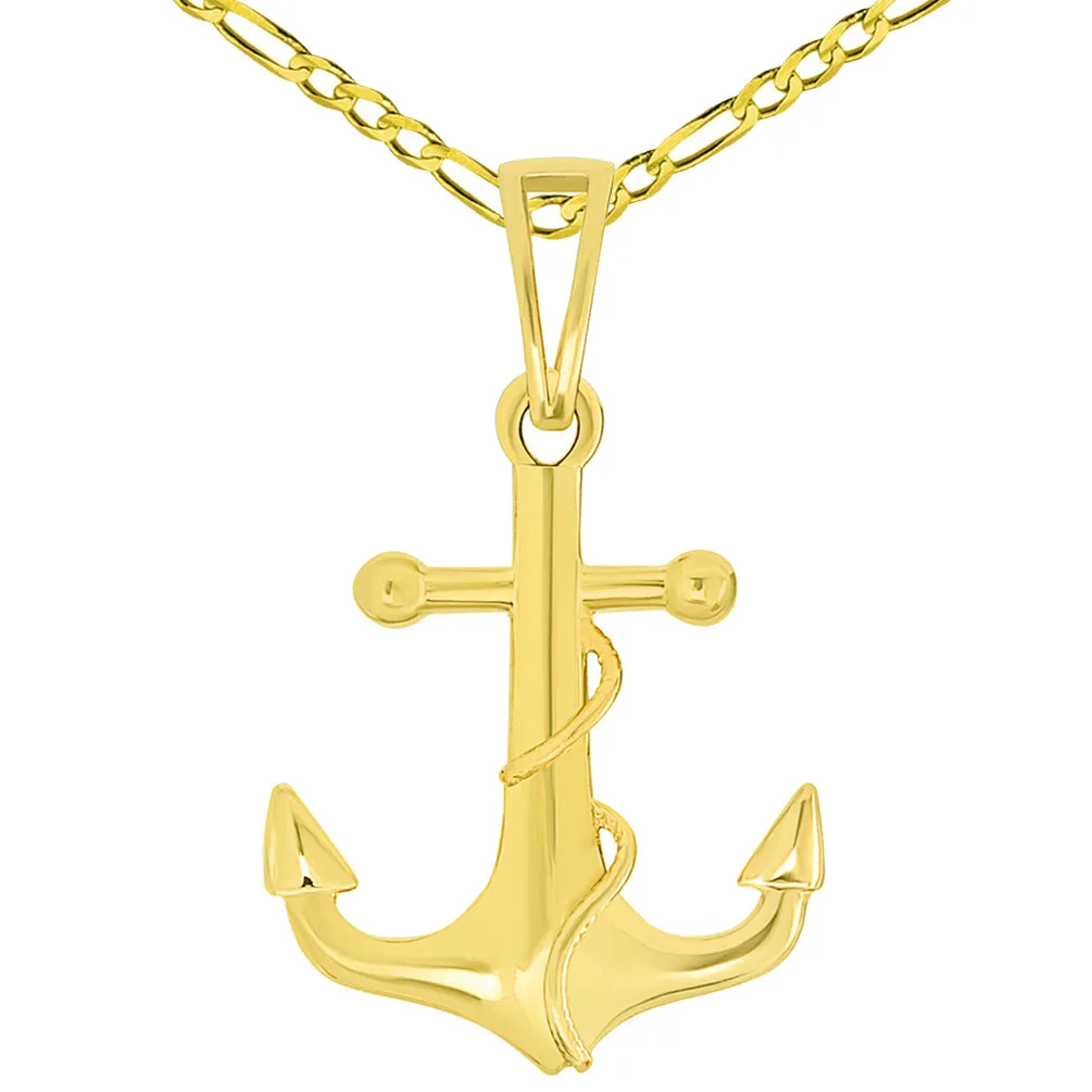 Solid 14k Yellow Gold Maritime Anchor with Rope Pendant Necklace Available with Figaro Chain Necklaces