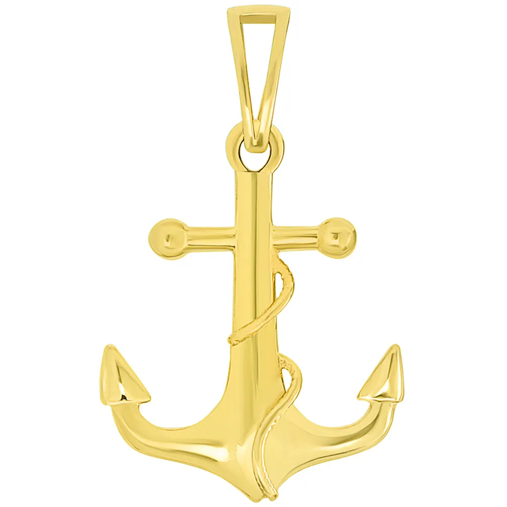 Solid 14k Yellow Gold Maritime Anchor with Rope Pendant Necklace Available with Figaro Chain Necklaces