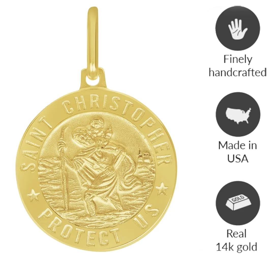 Solid 14k Yellow Gold Round Small Saint Christopher Protect Us Medal Pendant Necklace