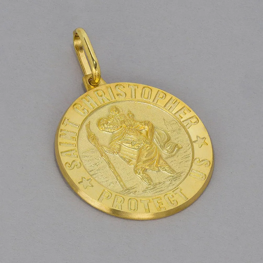 Solid 14k Yellow Gold Round Small Saint Christopher Protect Us Medal Pendant Necklace