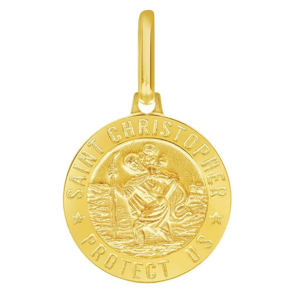 Solid 14k Yellow Gold Round Small Saint Christopher Protect Us Medal Pendant Necklace