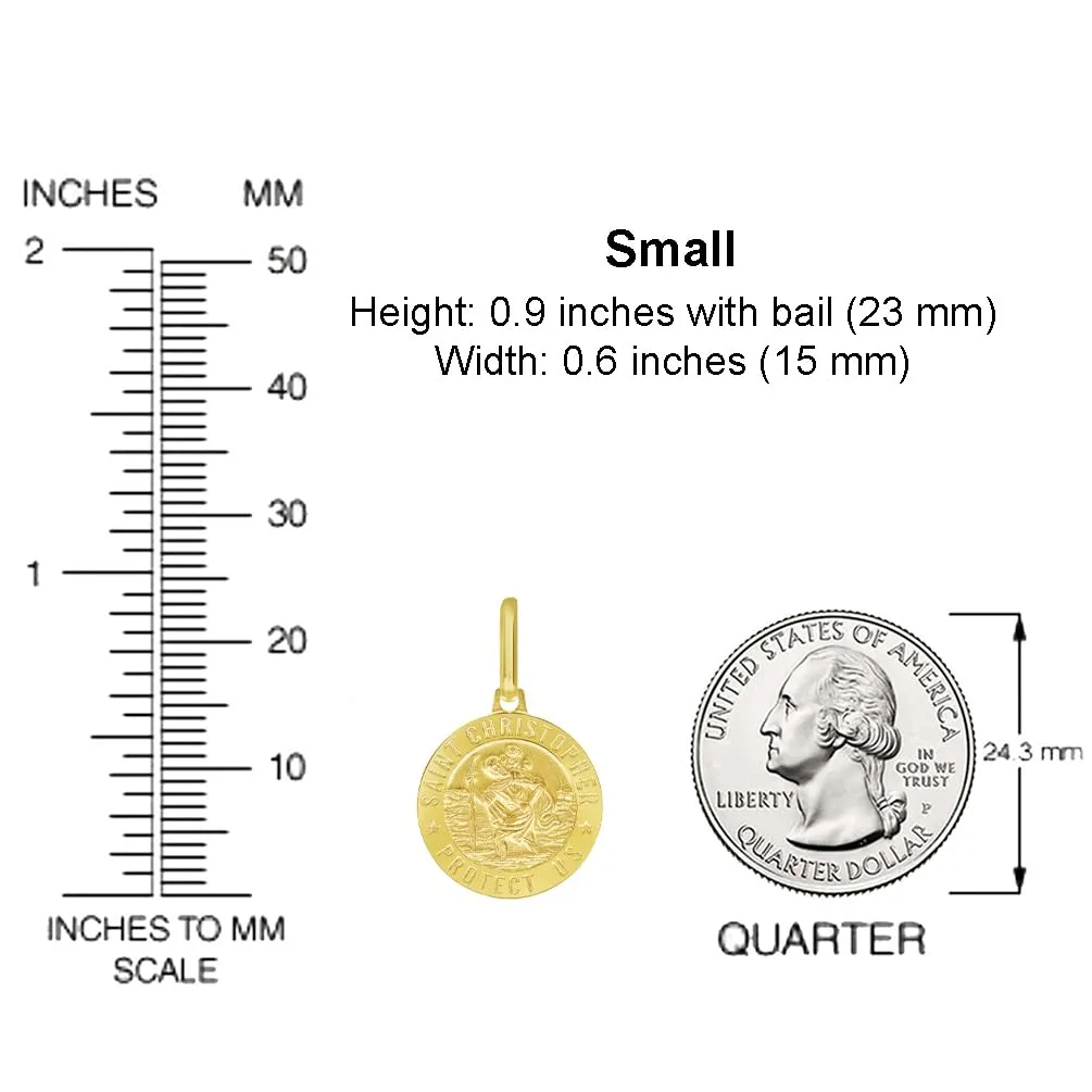 Solid 14k Yellow Gold Round Small Saint Christopher Protect Us Medal Pendant Necklace