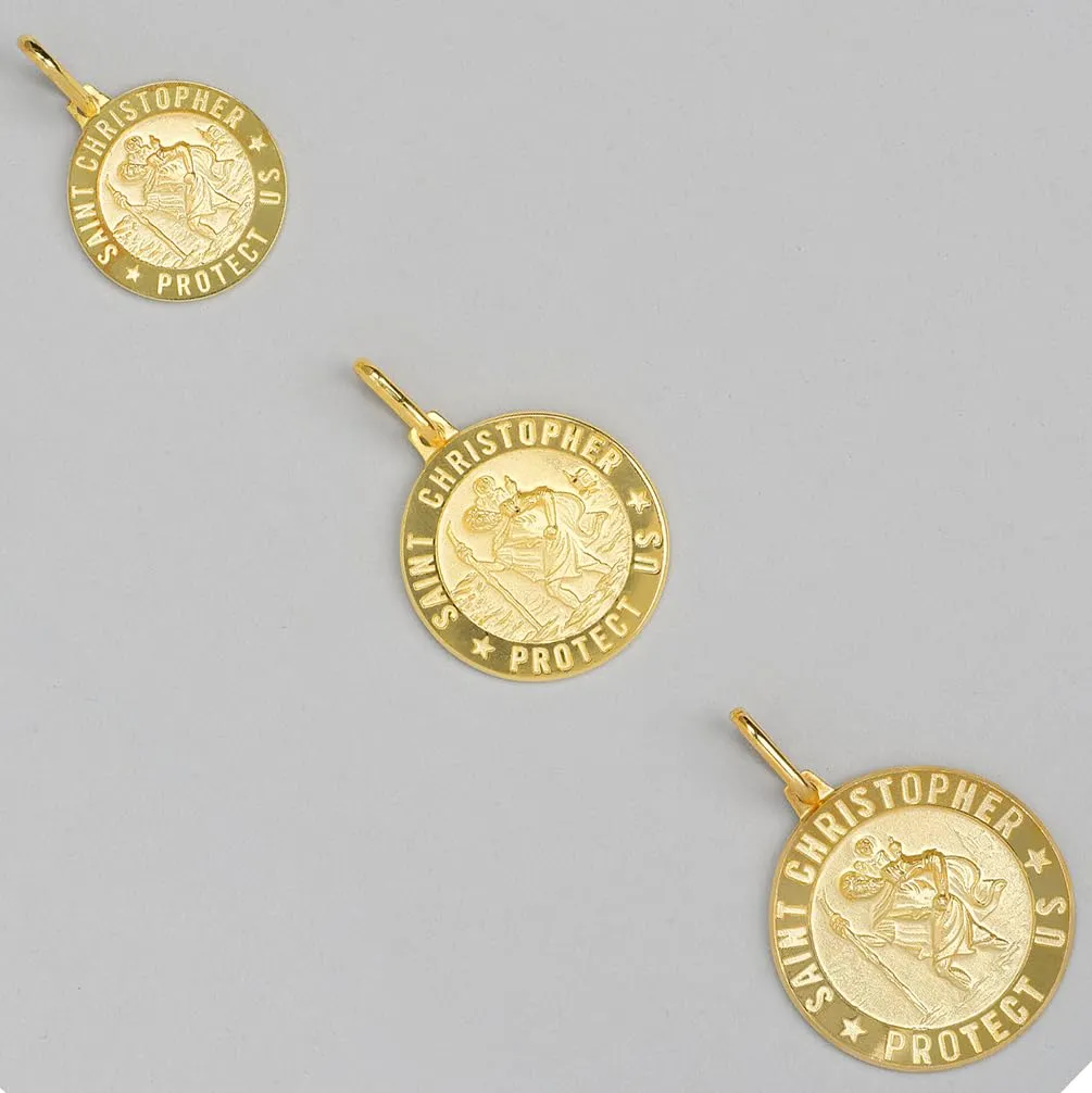 Solid 14k Yellow Gold Round Small Saint Christopher Protect Us Medal Pendant Necklace