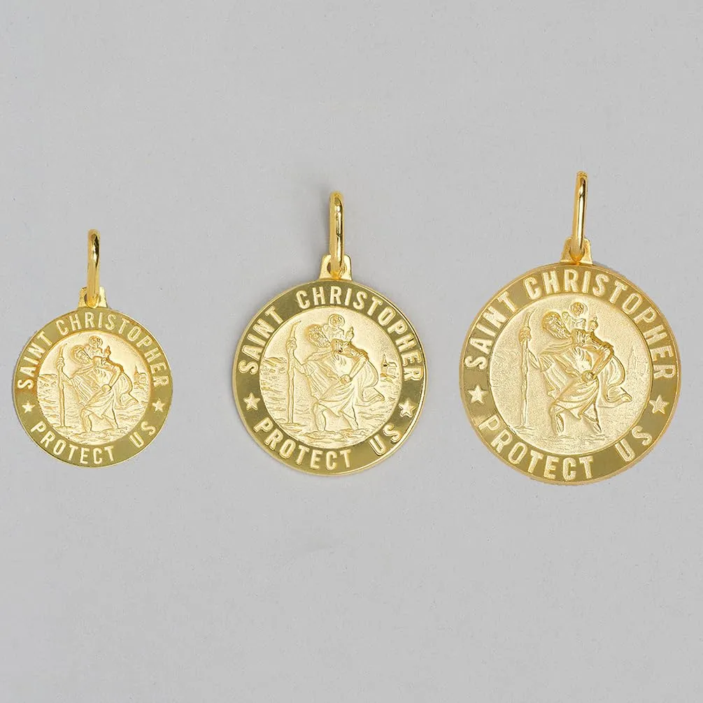 Solid 14k Yellow Gold Round Small Saint Christopher Protect Us Medal Pendant Necklace