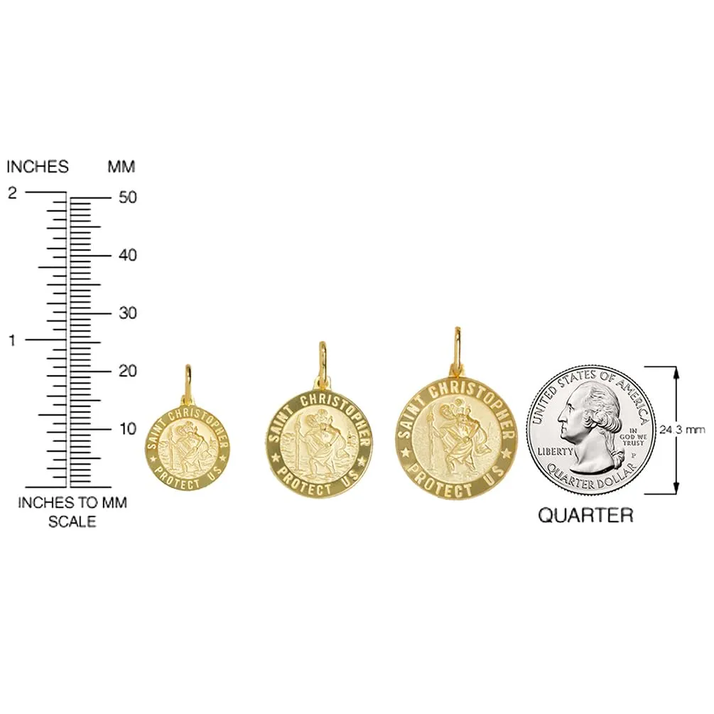 Solid 14k Yellow Gold Round Small Saint Christopher Protect Us Medal Pendant Necklace