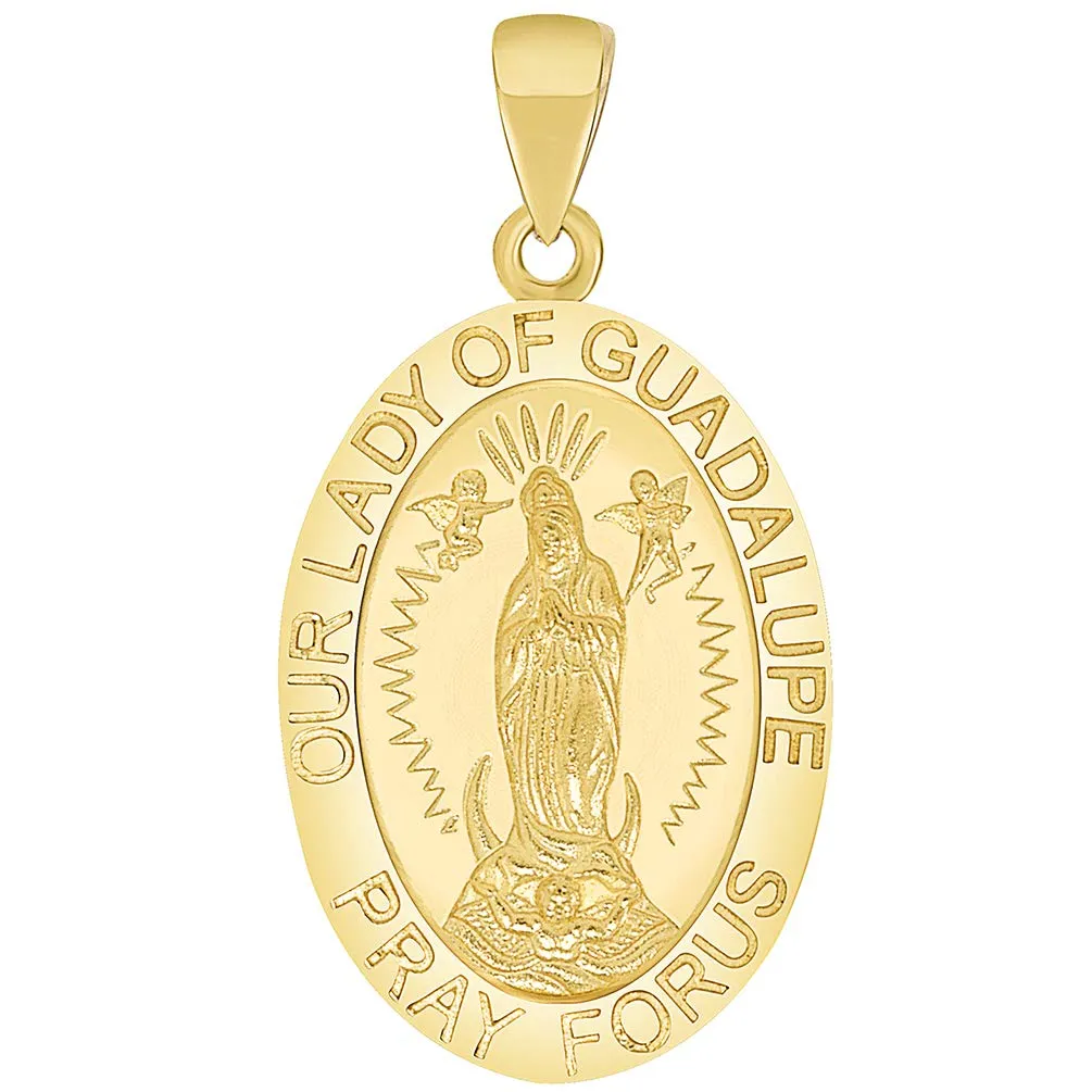 Solid 14k Yellow Gold Small Our Lady Of Guadalupe Pray For Us Miraculous Medal Pendant with Figaro Chain Necklace