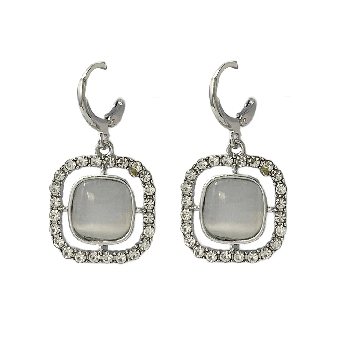Square White Moonstone With Diamante Studs Silver-Toned Hoop Drop Earrings