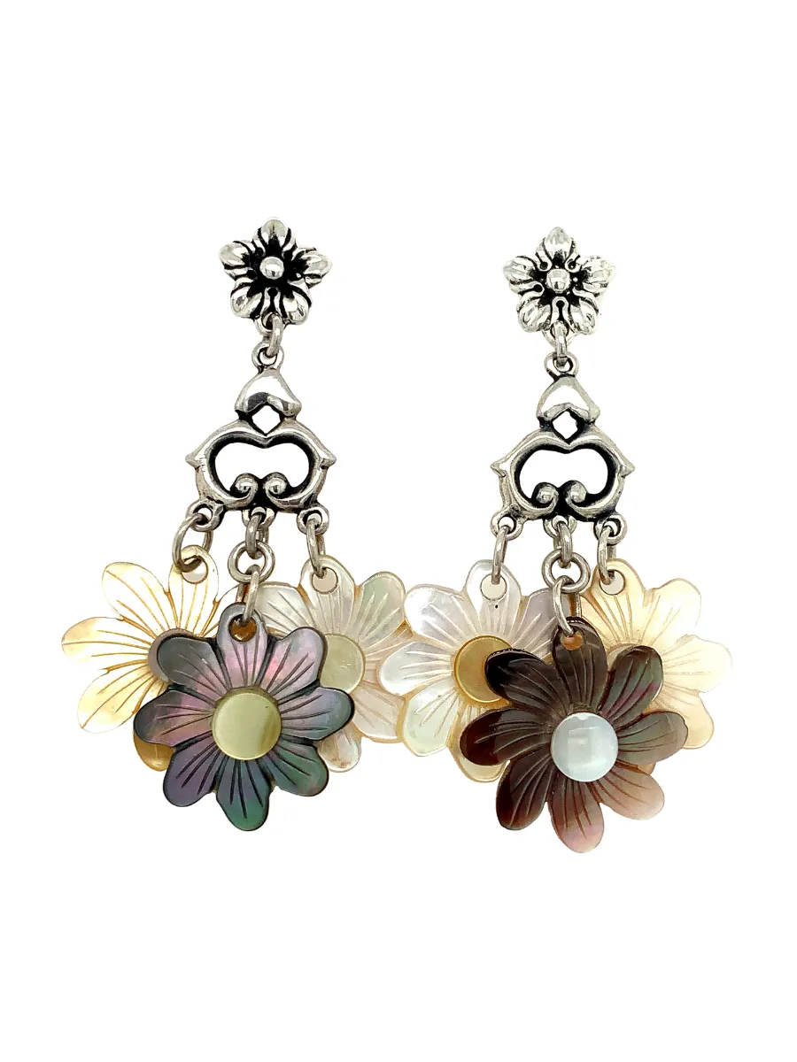 Sterling Silver & Carved Mother-of-Pearl Daisies Dangle Earrings