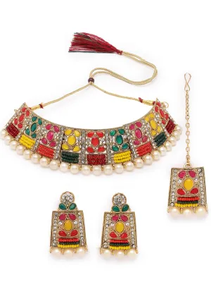 Sukkhi Adorable Unique Stylish Multicolor Stone With Pearls Choker Necklace Set With Earring And Maangtika | Jewellery Set For Women (NS105656)