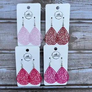 Teardrop Lace Filigree Bold Lightweight Painted Brass Earrings Red Fuscia Pink Magenta - Clearance