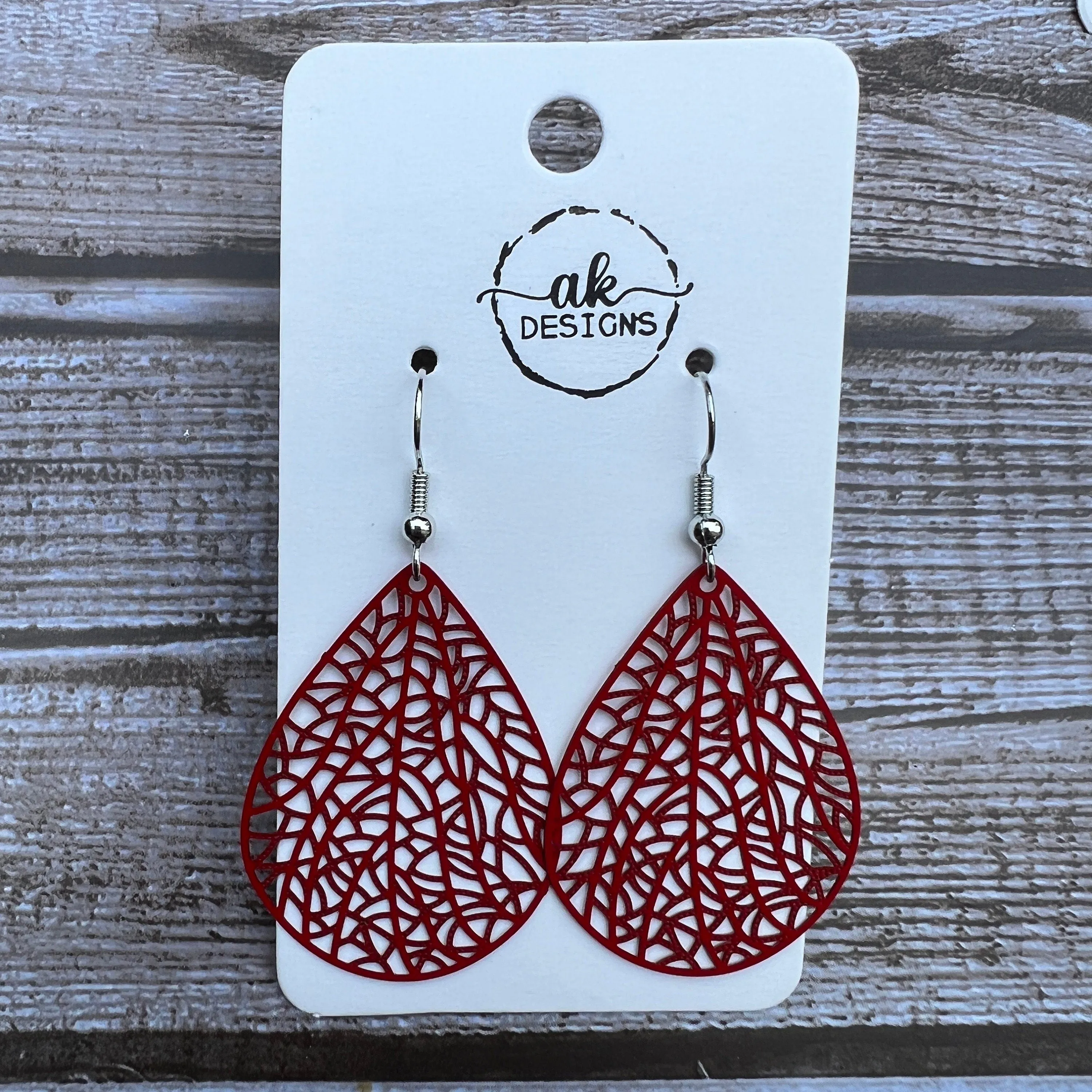 Teardrop Lace Filigree Bold Lightweight Painted Brass Earrings Red Fuscia Pink Magenta - Clearance