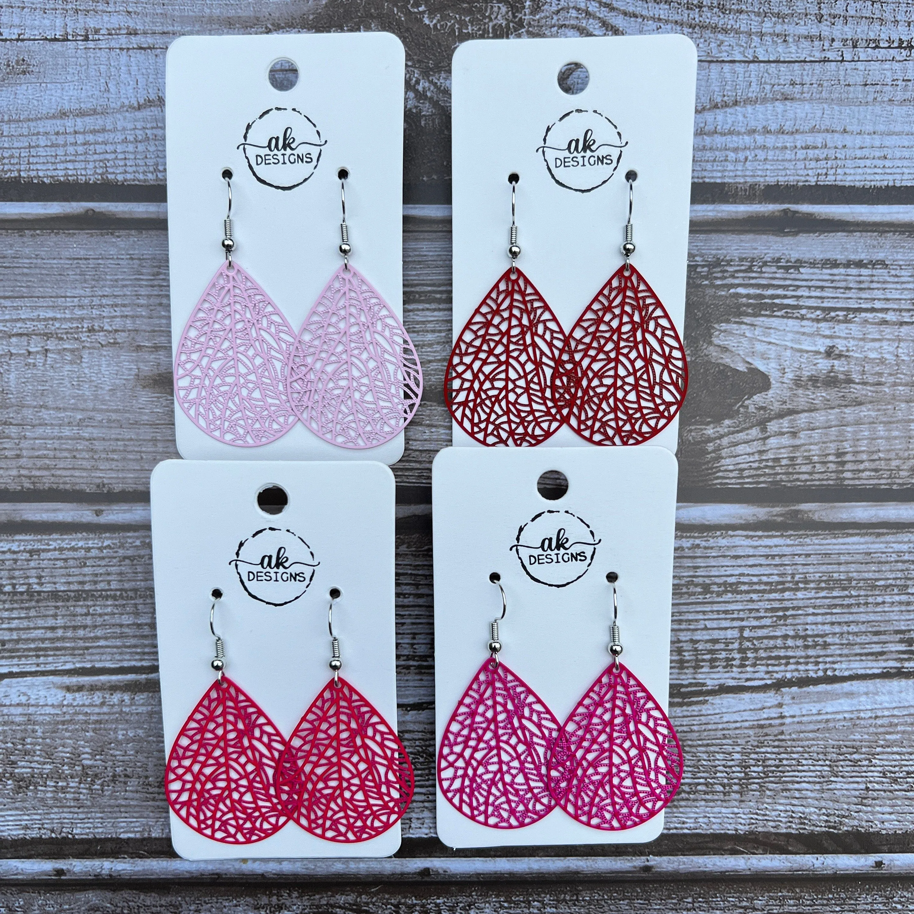 Teardrop Lace Filigree Bold Lightweight Painted Brass Earrings Red Fuscia Pink Magenta - Clearance