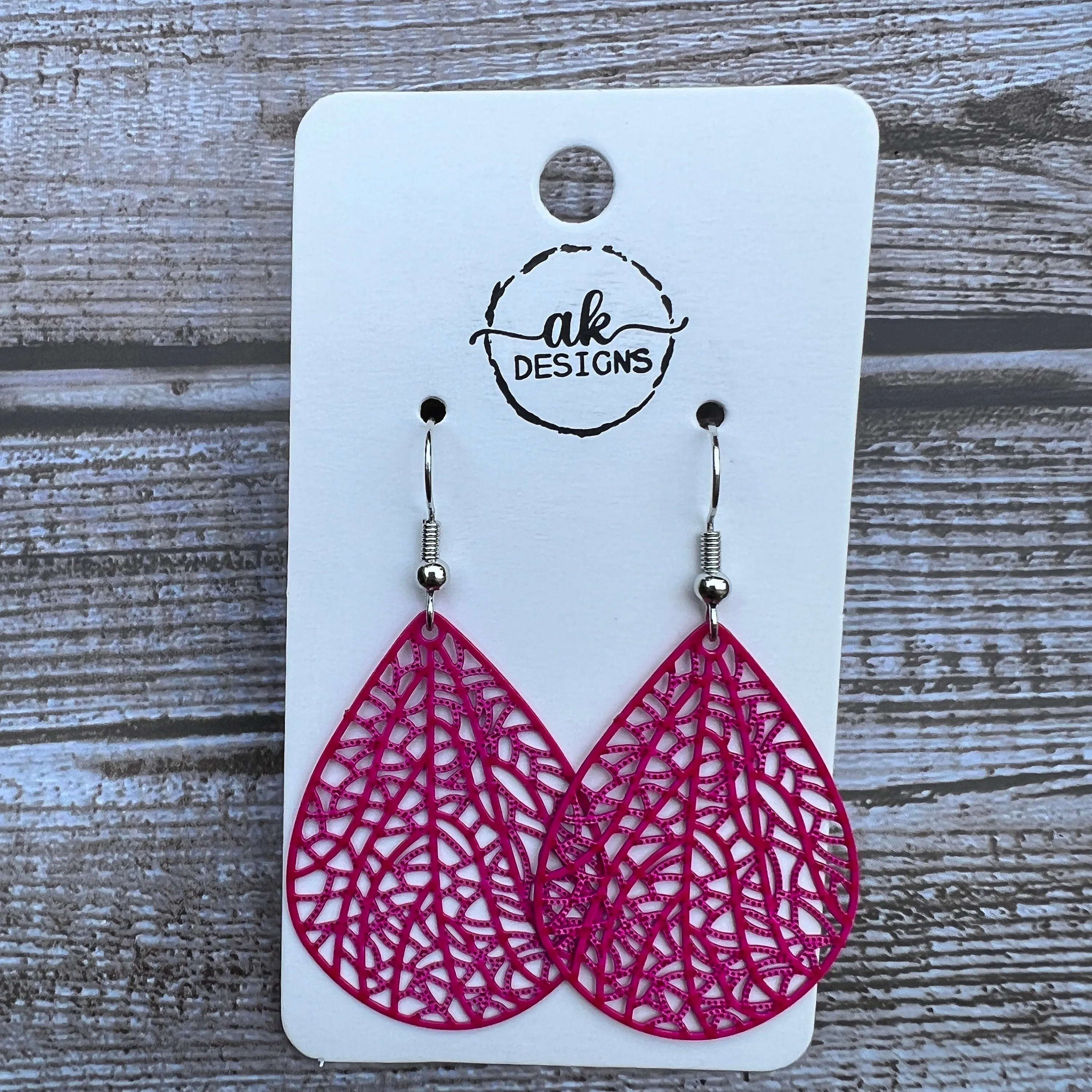 Teardrop Lace Filigree Bold Lightweight Painted Brass Earrings Red Fuscia Pink Magenta - Clearance