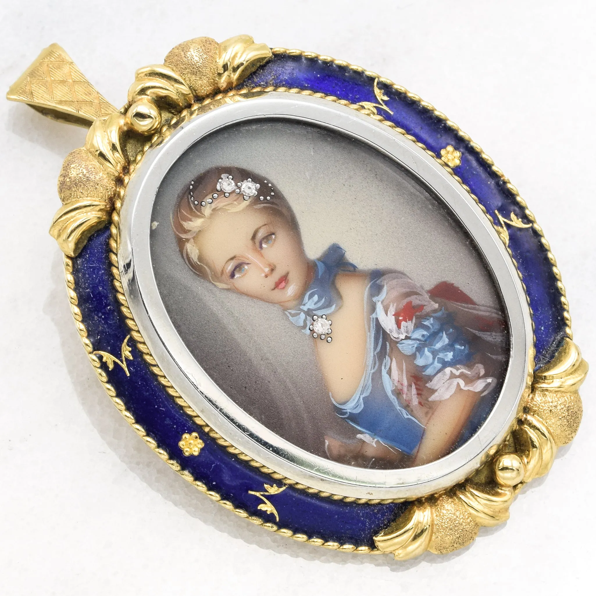 Victorian 18K Yellow Gold Enamel Diamond Hand Painted Portrait Pendant And Brooch