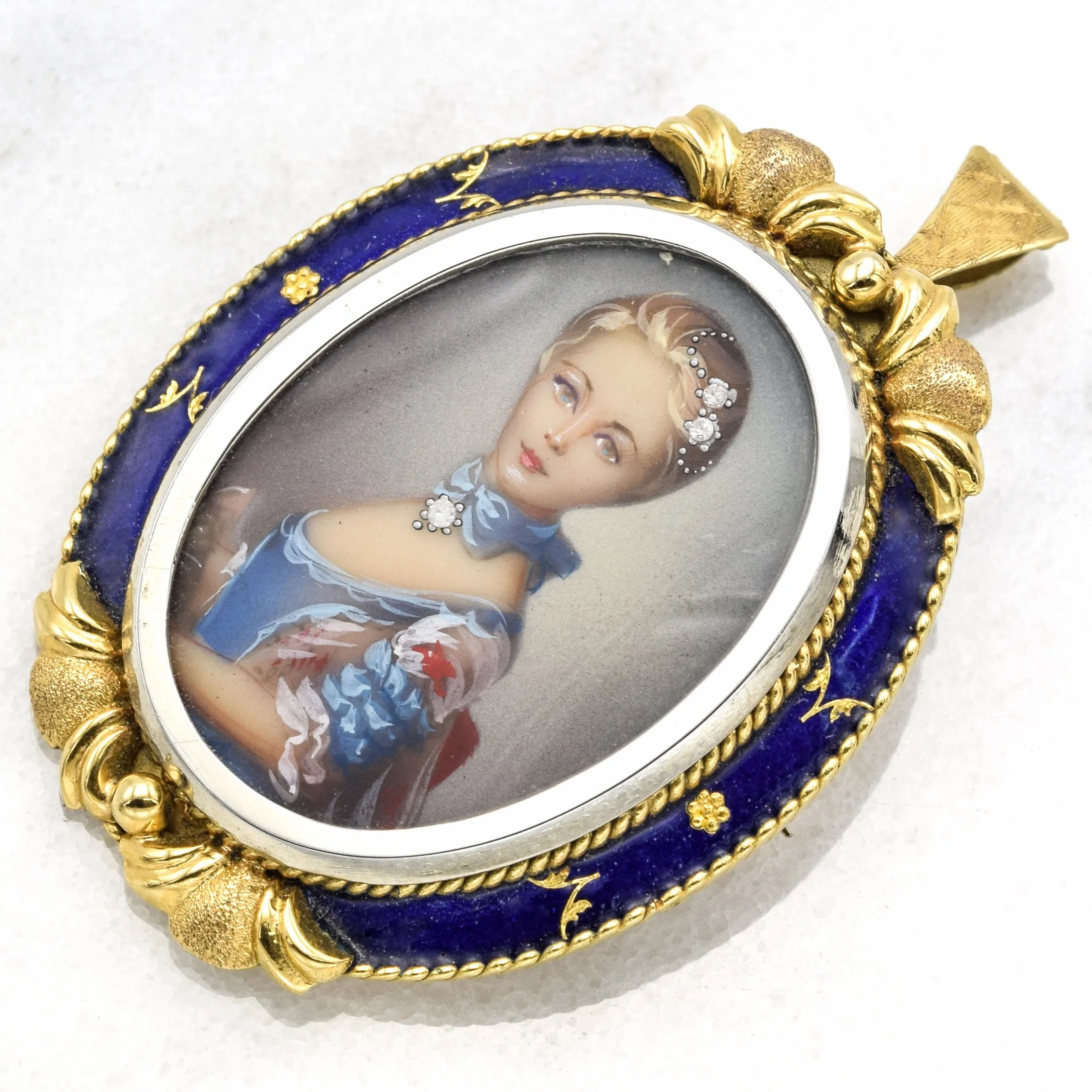 Victorian 18K Yellow Gold Enamel Diamond Hand Painted Portrait Pendant And Brooch