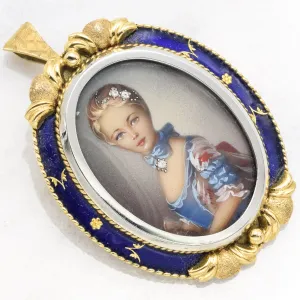 Victorian 18K Yellow Gold Enamel Diamond Hand Painted Portrait Pendant And Brooch