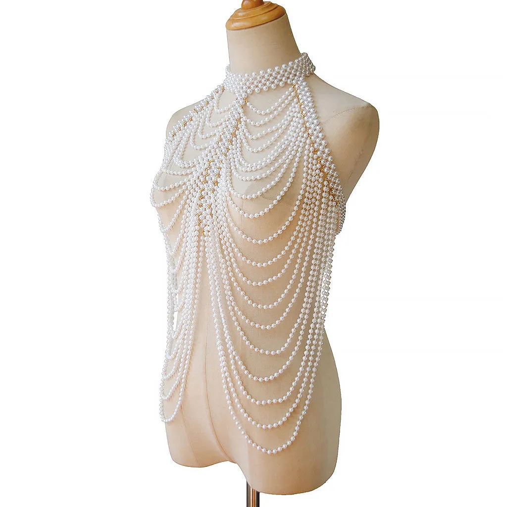 VICTORIAN FANTASIA Metallic Layered Imitation Pearl Choker Body Chain