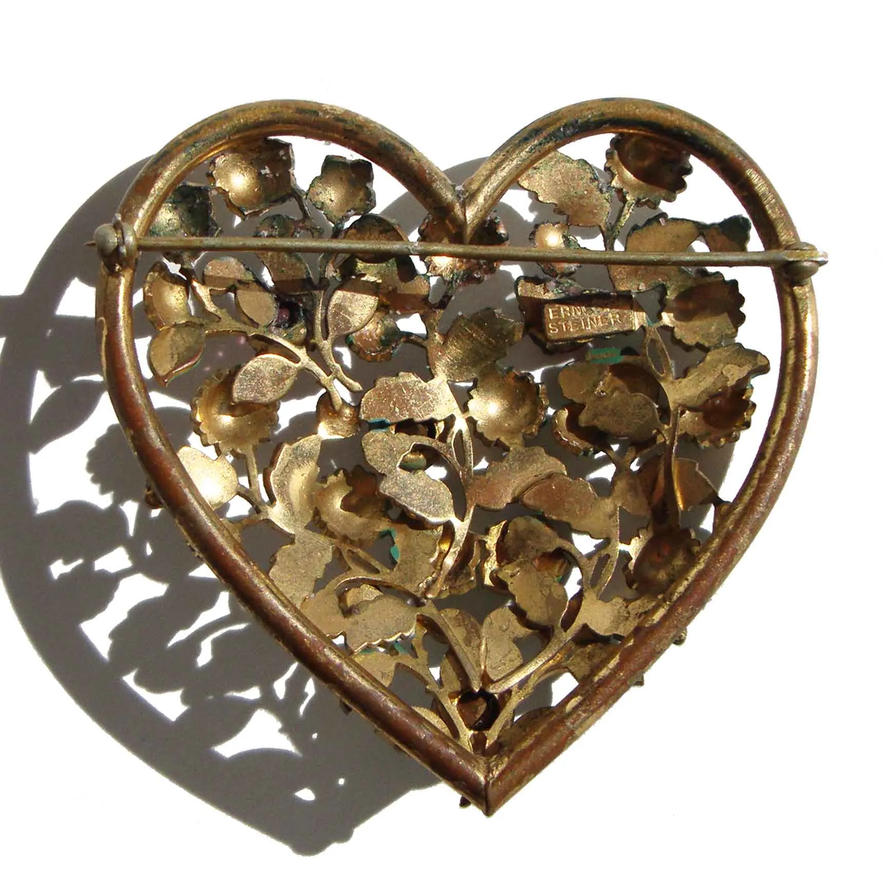 Vintage 40s Ernest Steiner Heart Brooch Rhinestone Sweetheart Pin