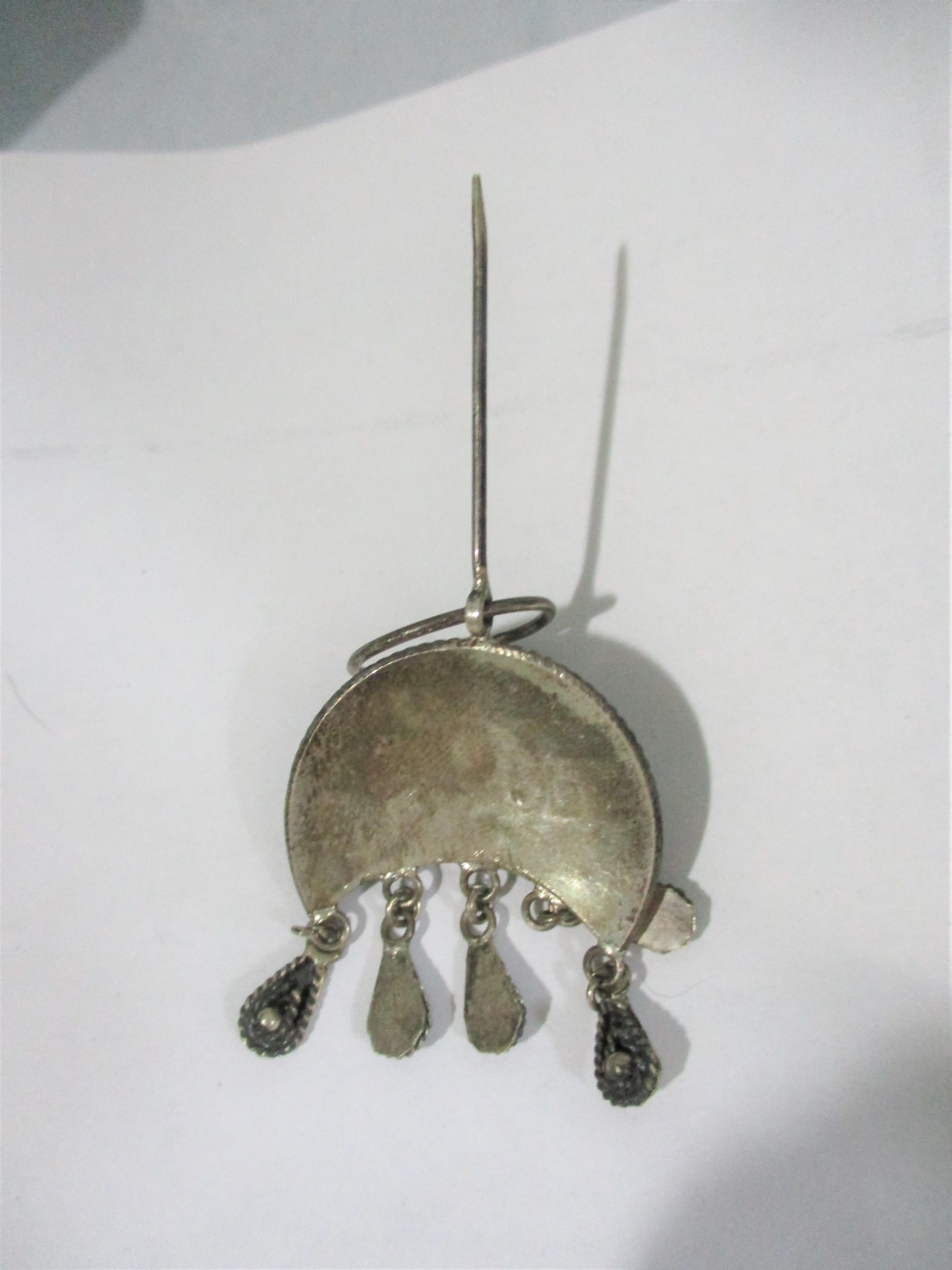 Vintage Ethnic Dangle Pin Brooch Silvertone Blue Boho Bohemian Hippie