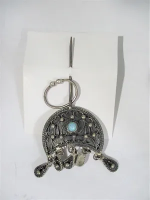 Vintage Ethnic Dangle Pin Brooch Silvertone Blue Boho Bohemian Hippie