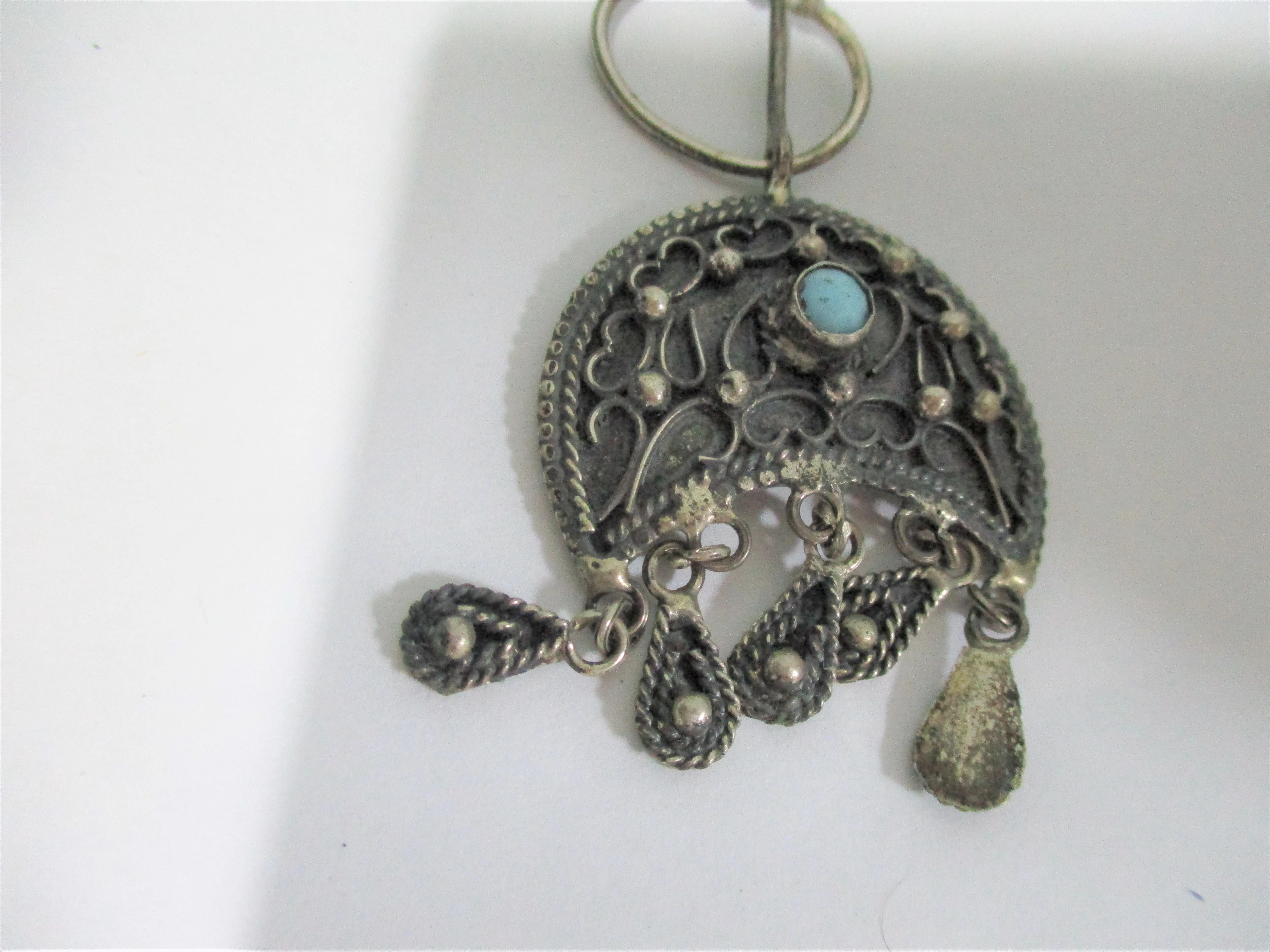 Vintage Ethnic Dangle Pin Brooch Silvertone Blue Boho Bohemian Hippie