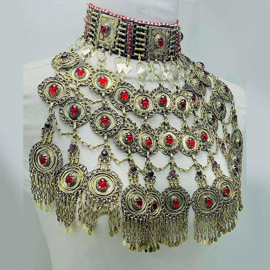 Vintage Oversized Necklace With Red Glass Stones